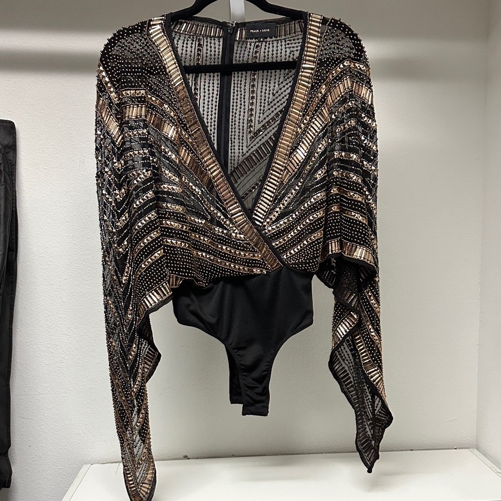 Elegant Black and Gold Sequin Bodysuit